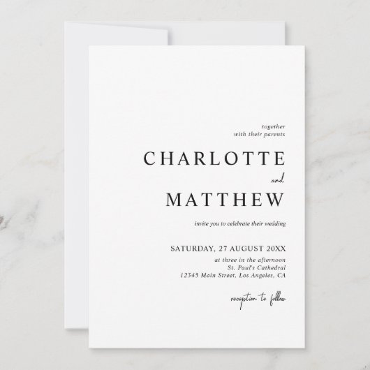 Elegant Black and White Script Wedding Invitation Kaart (Voorkant)