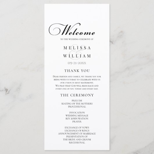 Elegant Black and White Script Wedding Programma (Voorkant)