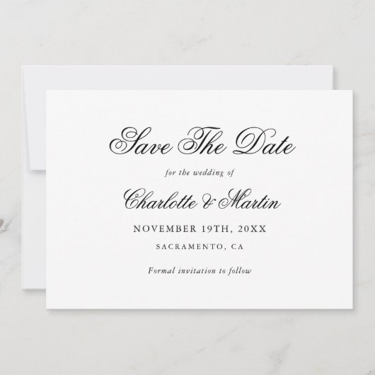 Elegant Black and White Script Wedding Save The Date (Voorkant)