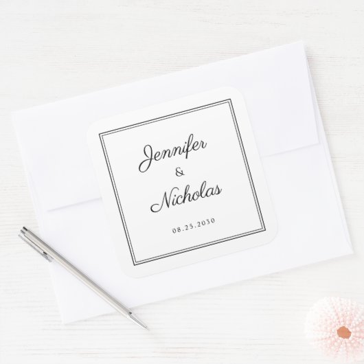 Elegant  Black And White Script Wedding Vierkante Sticker (Envelop)