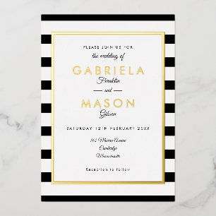 Elegant Black and White Stripe Weddenschap Gold Folie Uitnodiging