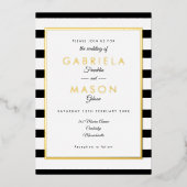 Elegant Black and White Stripe Weddenschap Gold Folie Uitnodiging (Voorkant)