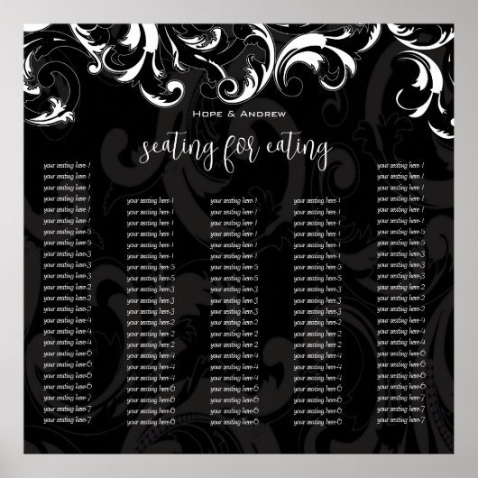 Elegant Black and White Swirl Seating Chart Poster (Voorkant)