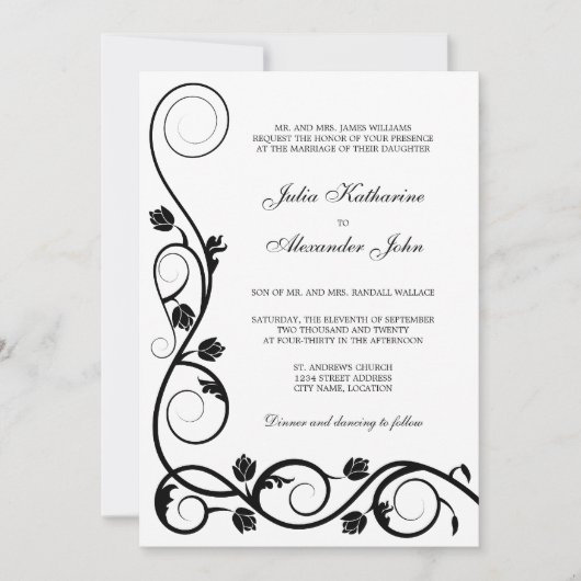 Elegant Black and White Swirls Invitation Kaart (Voorkant)