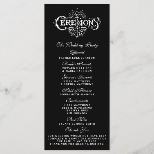 Elegant Black and White Wedding Ceremony Programma (Achterkant)