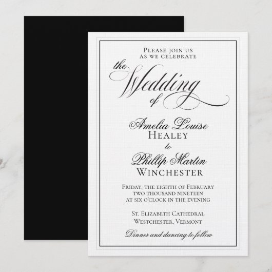 Elegant Black and White Wedding Invitation Kaart (Voorkant / Achterkant)