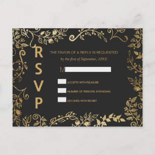Elegant Black and Yellow Gold Floral RSVP Briefkaa Uitnodiging Briefkaart