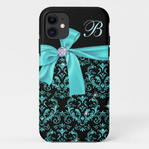 Elegant Black Aqua Damask Diamond Bow Monogram iPhone 11 Hoesje
