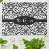 Elegant Black Baroque Damask Monogram Theedoek (Gevouwen)