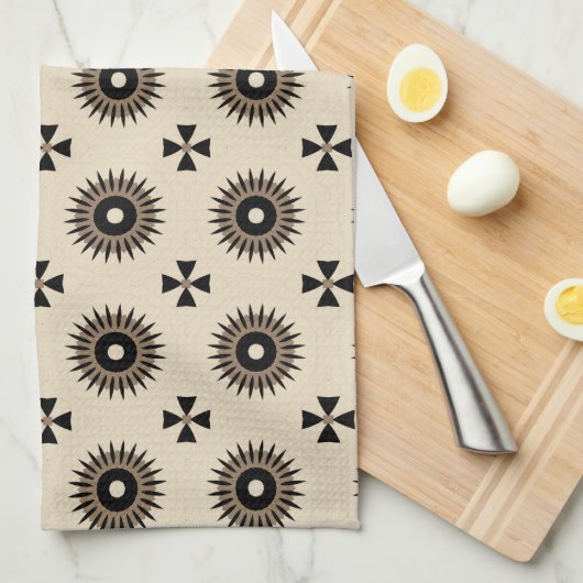 Elegant Black & Beige Geometric Pattern Theedoek (Quarter Fold)