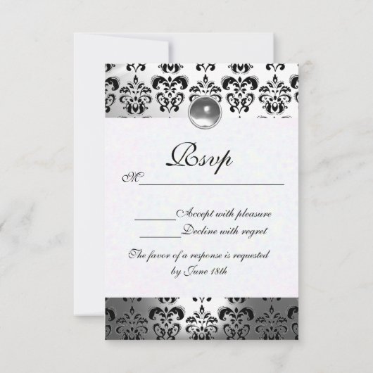 ÉLÉGANT BLACK BLACK GRAY DAMASK MONOGRAM RSVP (Dos)