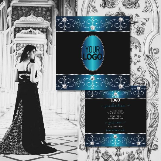 Elegant Black Blauwgroen Blue Ornamenten met Logo Vierkante Visitekaartje