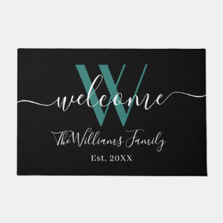 Elegant Black Blauwgroen Monogram Name Script Wedd Deurmat
