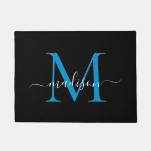 Elegant Black Blue Custom Monogram Script Name Deurmat
