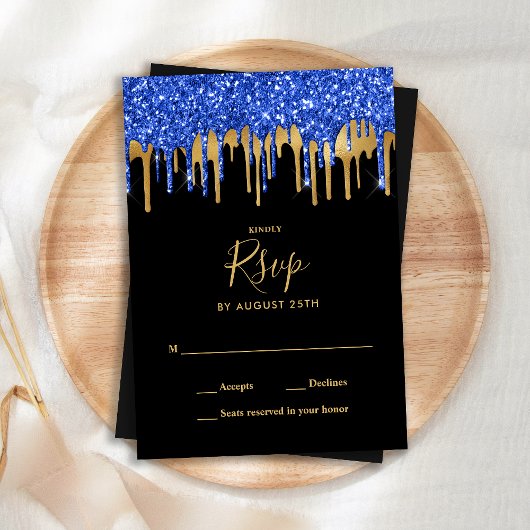 Elegant Black Blue Glitter-drift RSVP Kaartje