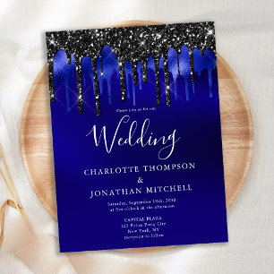 Elegant Black Blue Glitter Drift Wedding Invite Briefkaart