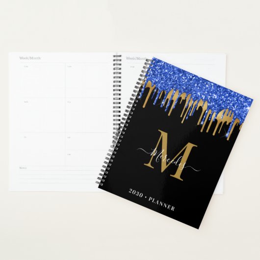 Elegant Black Blue Glitter Drivers Monogram Planner (Display)