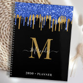 Elegant Black Blue Glitter Drivers Monogram Planner