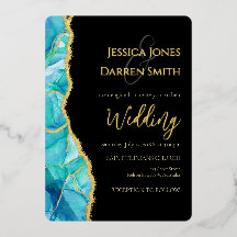Elegant Black Blue Gold Foil Weduwuitnodiging