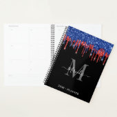 Elegant Black Blue Red Glitter Drift Monogram Planner (Display)