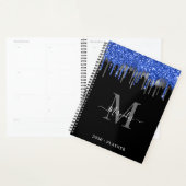 Elegant Black Blue Silver Glitter Drift Monogram Planner (Display)