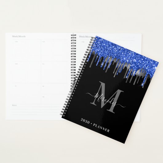 Elegant Black Blue Silver Glitter Drift Monogram Planner (Display)