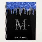 Elegant Black Blue Silver Glitter Drift Monogram Planner (Voorkant)