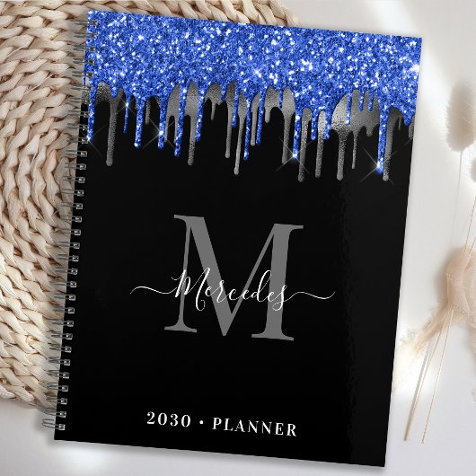 Elegant Black Blue Silver Glitter Drift Monogram Planner