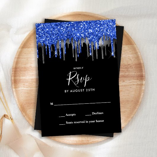 Elegant Black Blue Silver Glitter-drift RSVP Kaartje