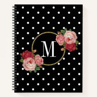 Elegant Black  Blush Flowers Stip Monogram Notitieboek