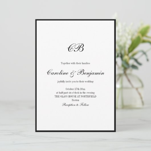 Elegant Black Border White Script Monogram Wedding Kaart (Staand voorkant)