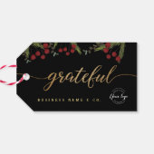 Elegant Black Botanical “Grateful” Holiday Custom Cadeaulabel (Achterkant Horizontaal)