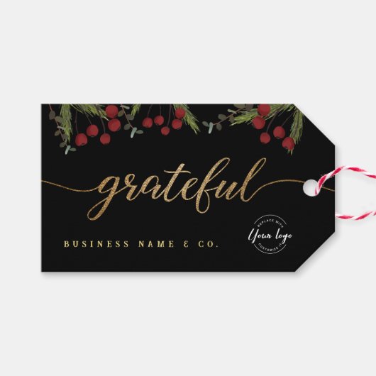 Elegant Black Botanical “Grateful” Holiday Custom Cadeaulabel (Voorkant (Horizontaal))