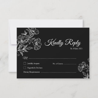 Elégant Black Botanical Line Art Wedding Carte RSV