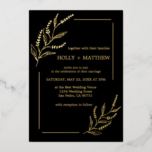 Elegant Black Botanical Wedding Real Gold Folie Uitnodiging (Voorkant)