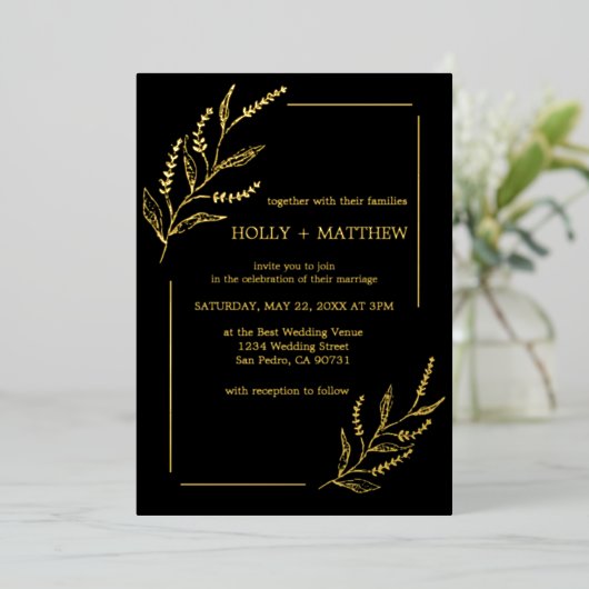 Elegant Black Botanical Wedding Real Gold Folie Uitnodiging (Staand Voorkant)