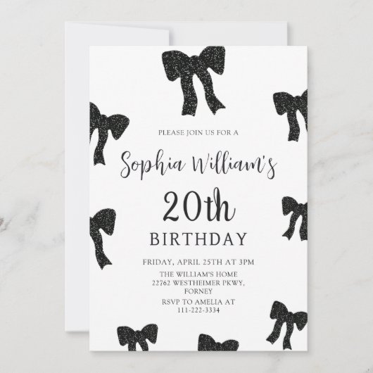 Elégant Black Bow 20th Birthday Party Invitation (Devant)