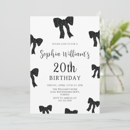 Elégant Black Bow 20th Birthday Party Invitation (Debout devant)