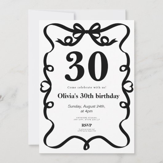Elegant black bow 30th birthday invitation (Devant)