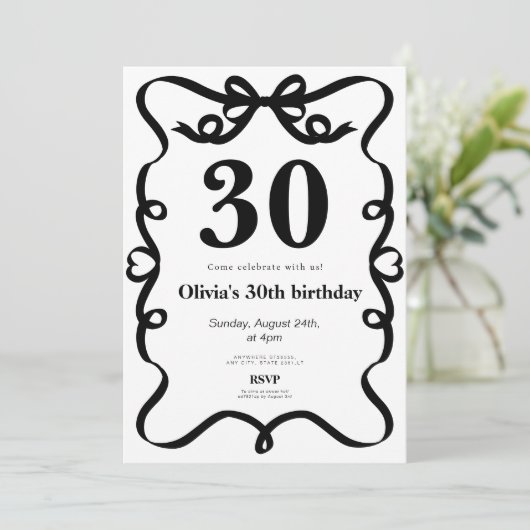 Elegant black bow 30th birthday invitation kaart (Staand voorkant)