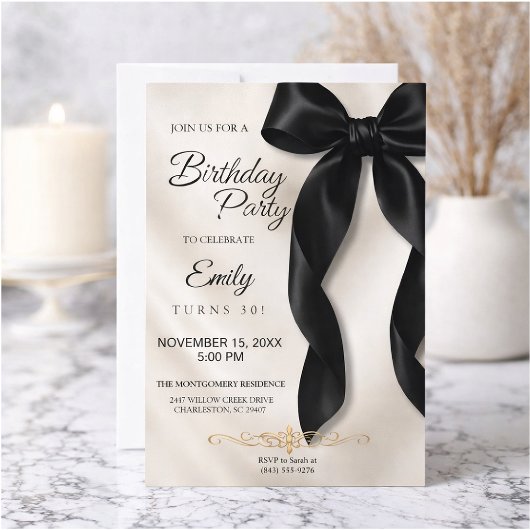 Elegant Black Bow Birthday Invitation Kaart
