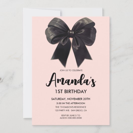 Elégant Black bow Girl anniversaire Invitation (Devant)