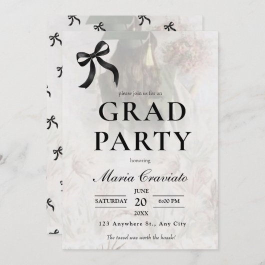 Élégant Black Bow Graduation Party Invitation (Devant / Derrière)
