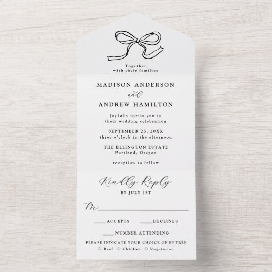 Elegant Black Bow Wedding All In One Uitnodiging (Binnen)