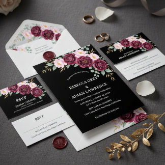 Elegant Black & Burgundy Pink Floral Wedding Kaart
