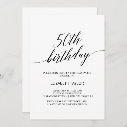Elegant Black Calligraphy 50th Birthday Kaart (Voorkant / Achterkant)