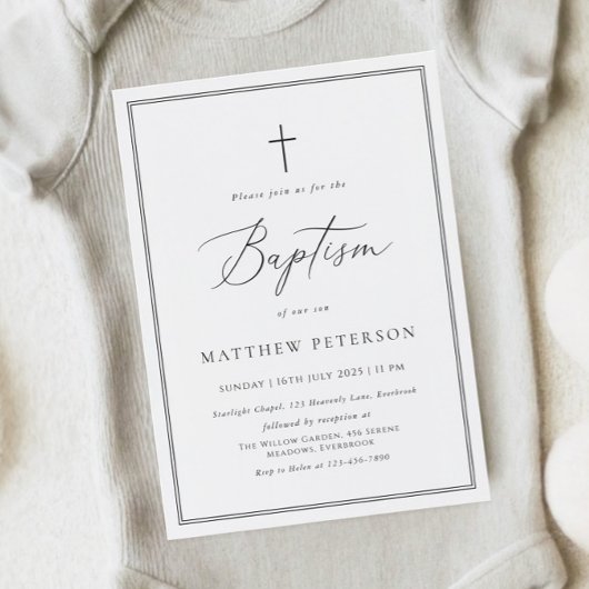 Elegant Black Calligraphy Baptism Invitation Kaart