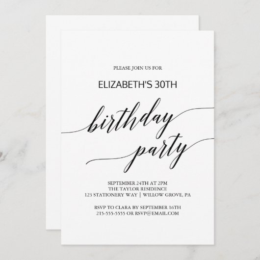 Elegant Black Calligraphy Birthday Party Kaart (Voorkant / Achterkant)