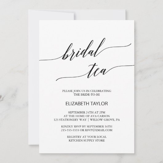 Elegant Black Calligraphy Bridal Tea Kaart (Voorkant)