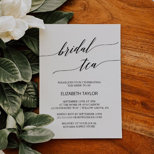 Elegant Black Calligraphy Bridal Tea Kaart